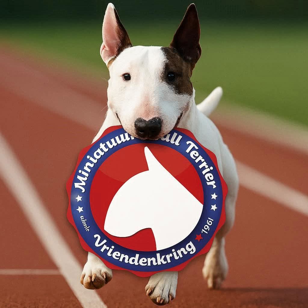 Miniatuur Bull Terrier met het logo van de Vriendenkring op de renbaan